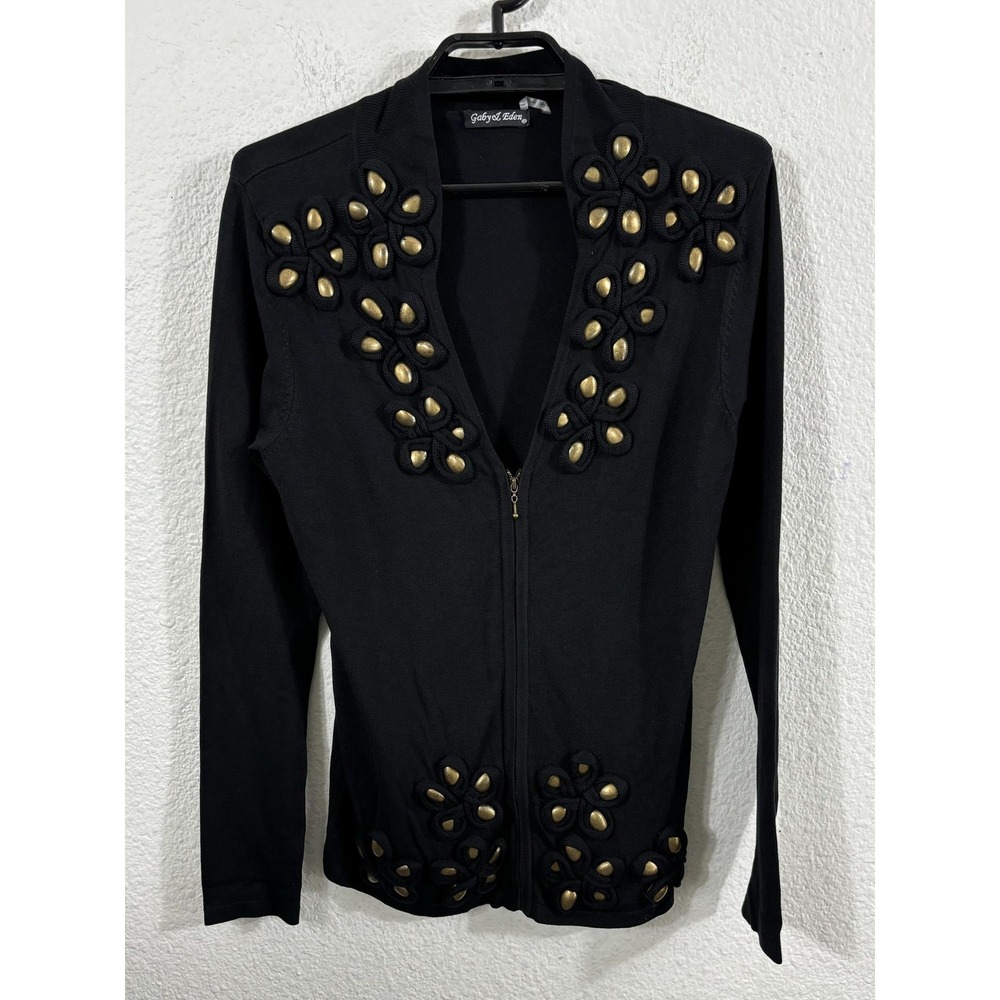 Gaby & Eden Cardigan Womens Medium Black Zip Sweater‎ Gold Floral Studs